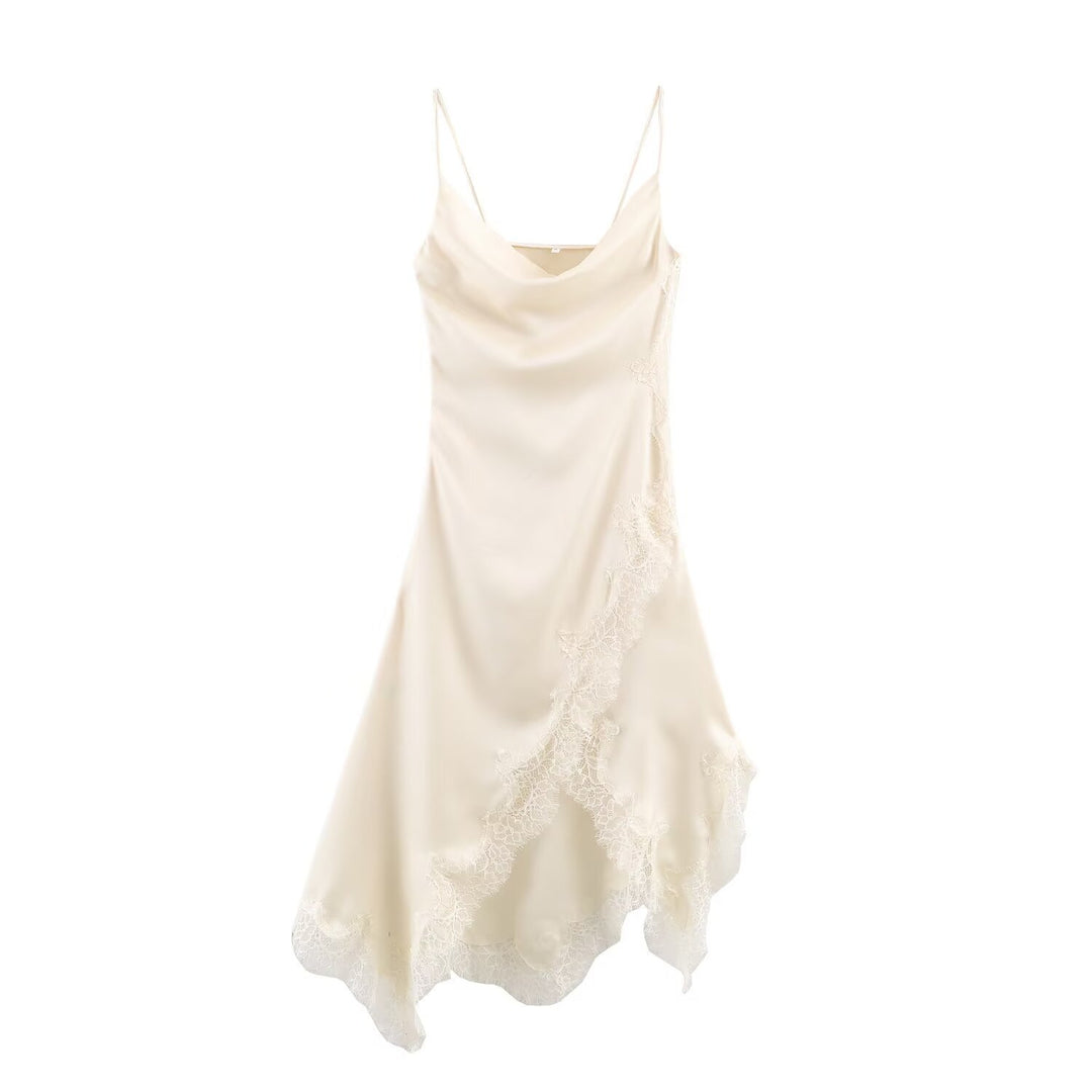 Damen edles Spaghetti-Trägerkleid mit zarter Spitze und fließendem Satin Drune