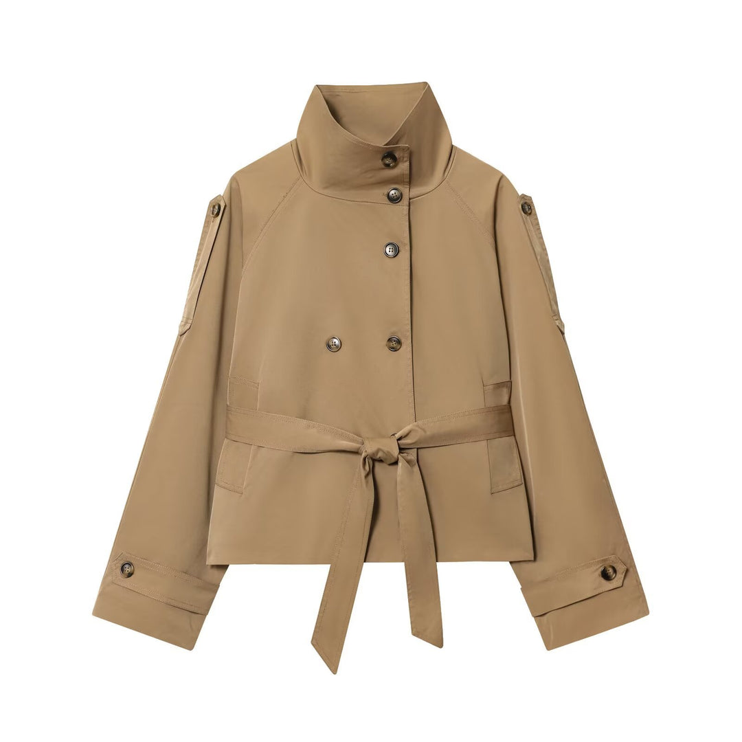 Damen 10+ Cropped Doppelreihige Kurzjacke mit Stehkragen und Taillengürtel Drune