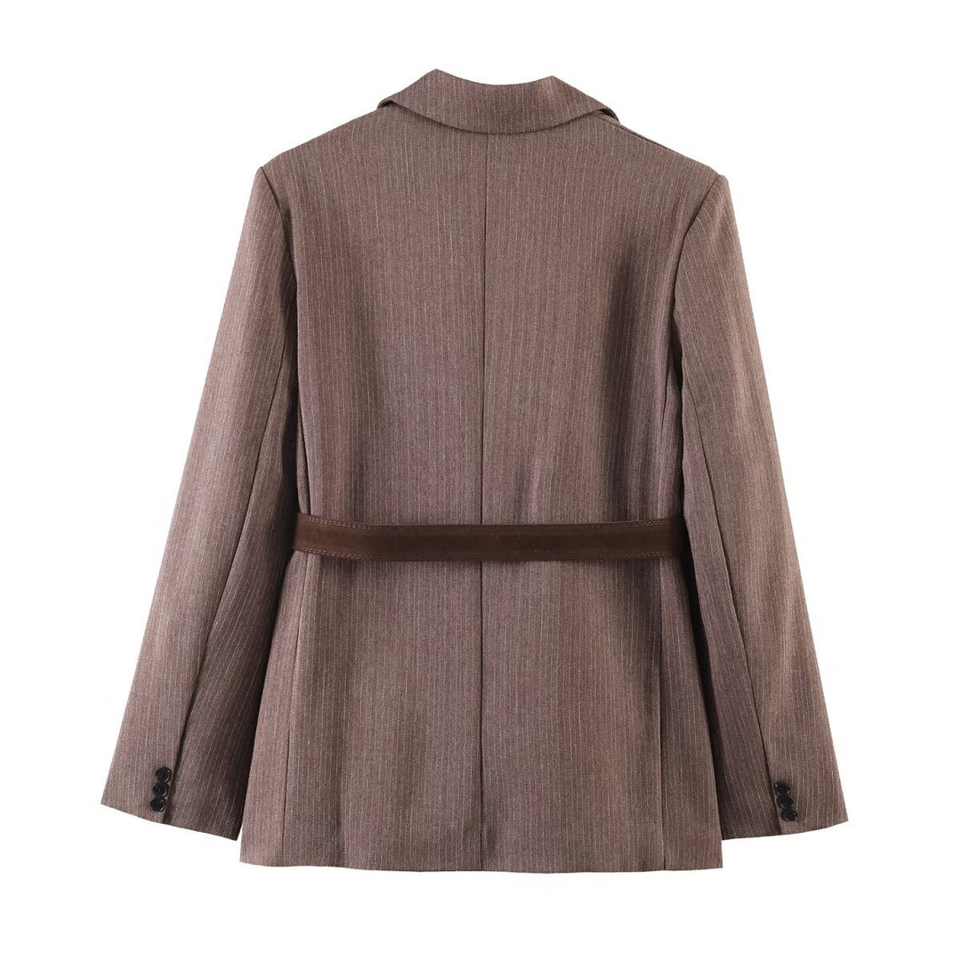 Damen Taillierter Einreihiger Blazer mit Gürtel und tonalem Nadelstreifen Drune