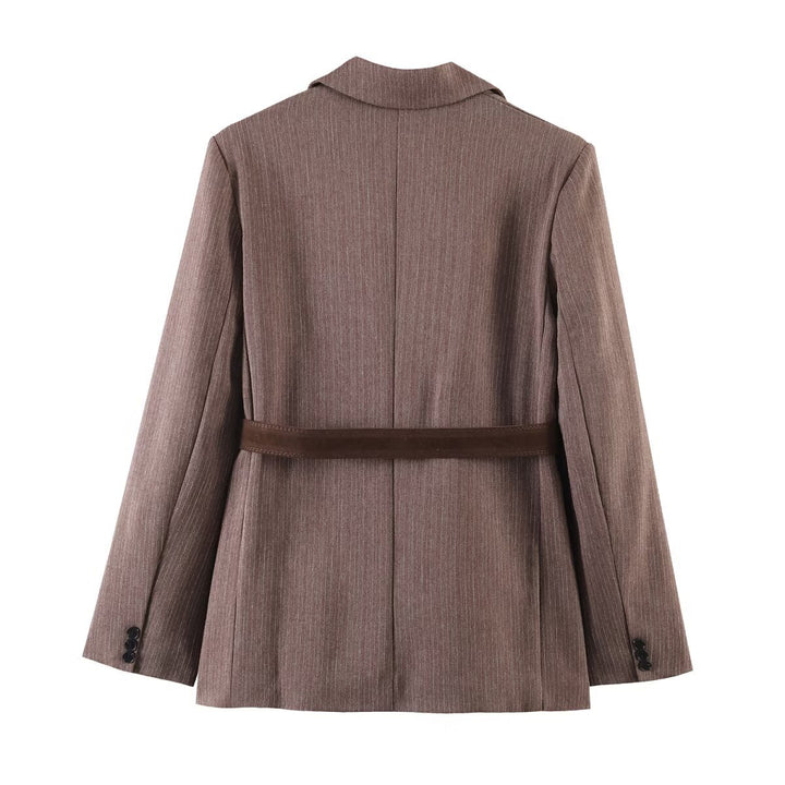 Damen Taillierter Einreihiger Blazer mit Gürtel und tonalem Nadelstreifen Drune