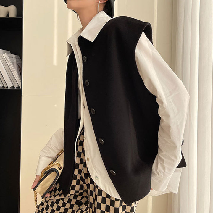 Damen Oversize-Weste mit Stehkragen, kastiger Silhouette und Knopfleiste Drune
