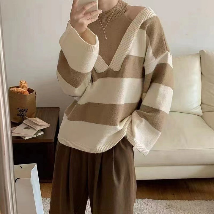 Damen Lässiger Pullover mit modernem Streifenmuster und Schulterfreischnitten Drune