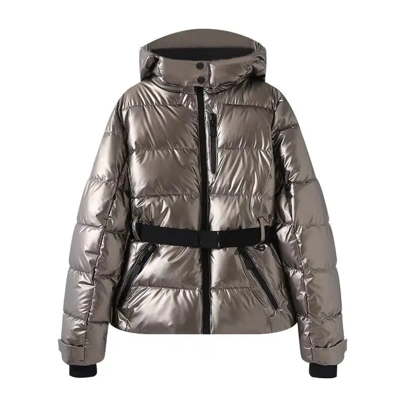 Damen warme Steppjacke mit abnehmbarer Kapuze und Taillengürtel Drune