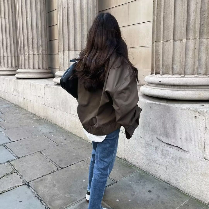 Unisex nan leichter Oversize-Bomber mit durchgehendem Metallreißverschluss geripptem Kragen und elastischem Saum Drune