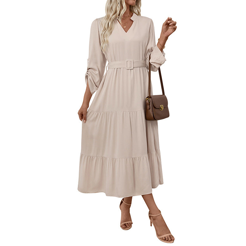 Damen Maxikleid mit V-Ausschnitt und tailliertem Gürtel Drune