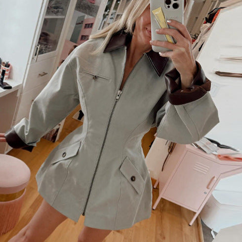 Damen Oversize-Jacke aus Lederoptik mit kontrastierendem Hemdkragen und Reißverschluss Drune