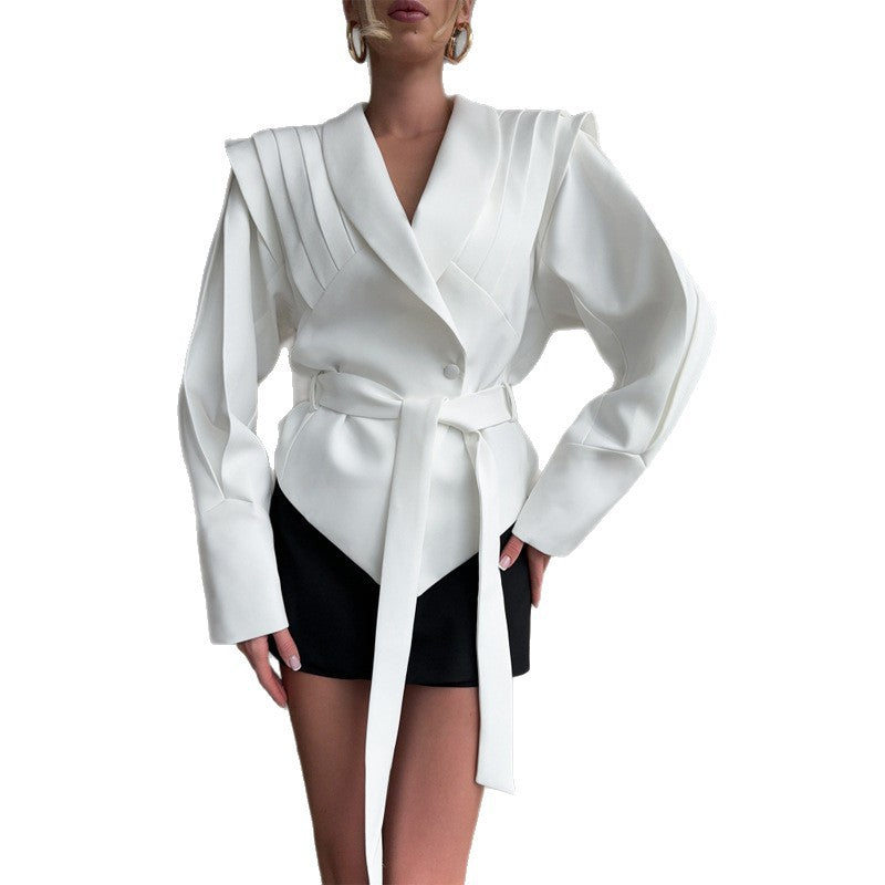 Damen Couture Blazer mit elegantem Kragen und Taillengürtel Drune