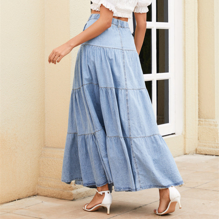 Damen Denim-Midirock mit Taillenbund und Knopfdetail Drune