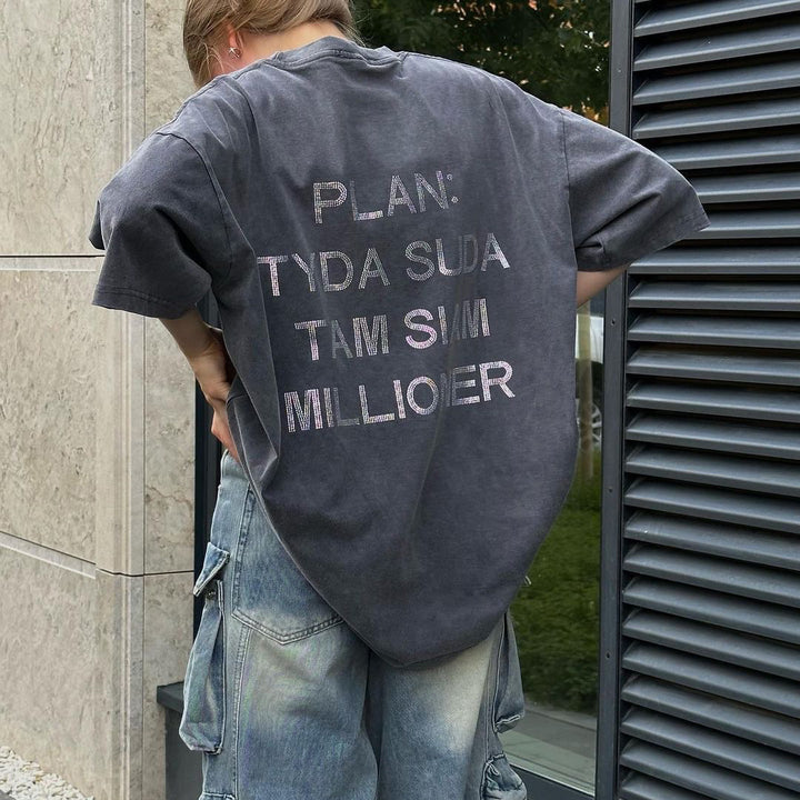 Damen oversized Statement-T-Shirt mit Strassschrift auf dem Rücken Drune