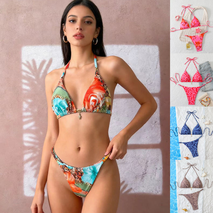 Damen Triangel-Bikini-Set mit verstellbaren Trägern und floralen Mustern Drune