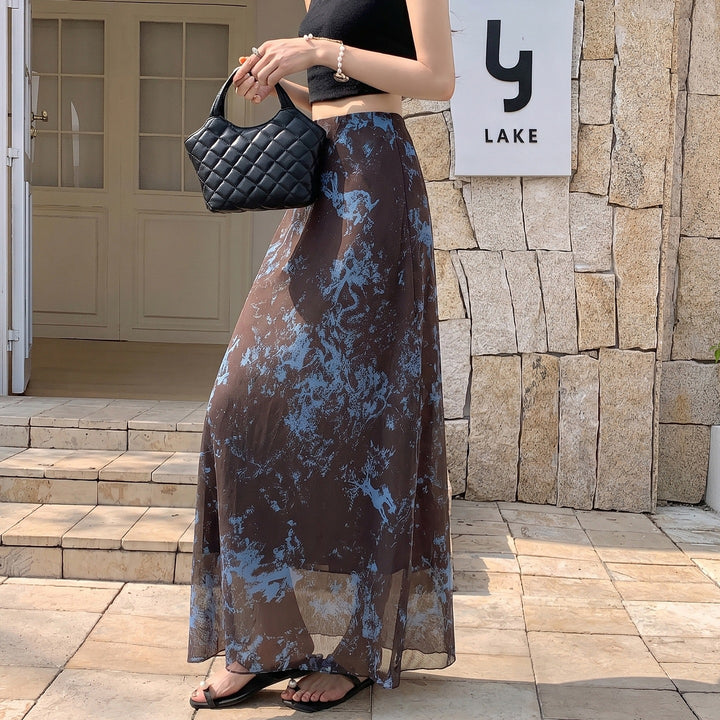 Damen nan A-Linien Maxirock mit semi-transparenter Chiffonlage und abstraktem Batik-Print Drune