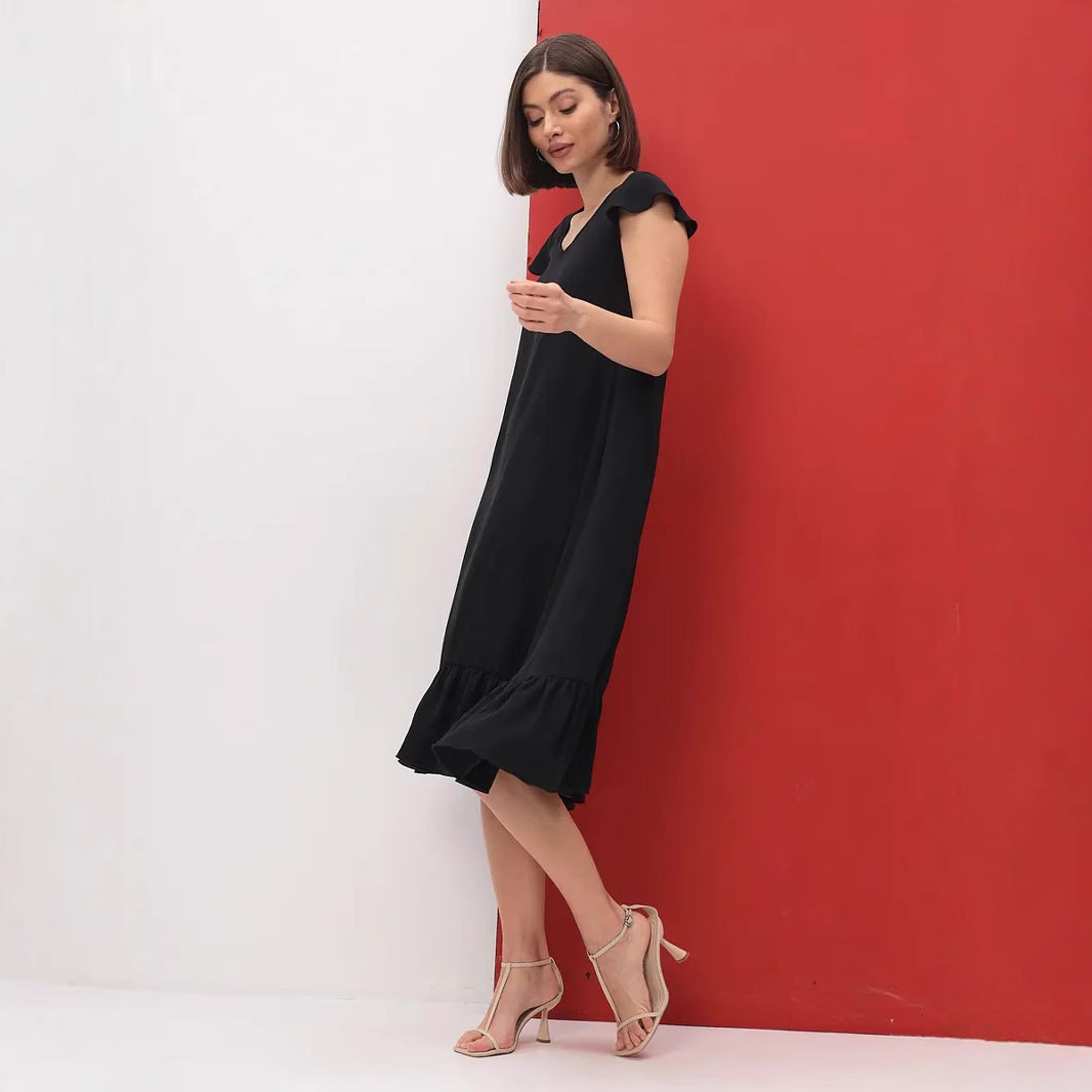 Damen Midi-Kleid mit modischem V-Ausschnitt und Rüschensaum Drune