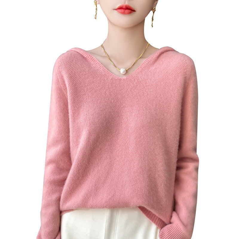Damen Weicher Mohair‑Optik Kapuzenpullover mit V‑Ausschnitt und geripptem Saum Drune