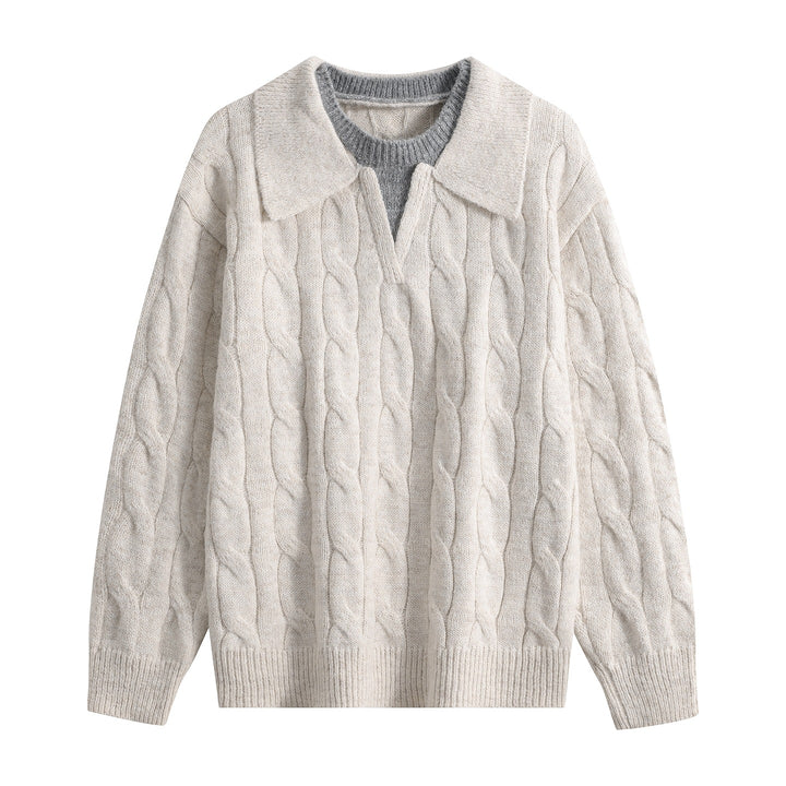 Damen Oversize Grobstrick-Pullover mit Polokragen und Zopfmuster Drune