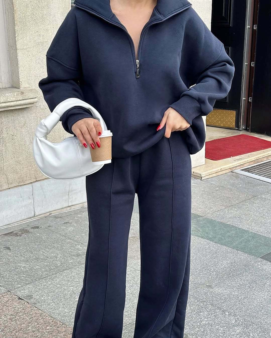 Damen bequemer Fleece-Athleisure-Anzug mit Stehkragen und Reißverschluss Drune