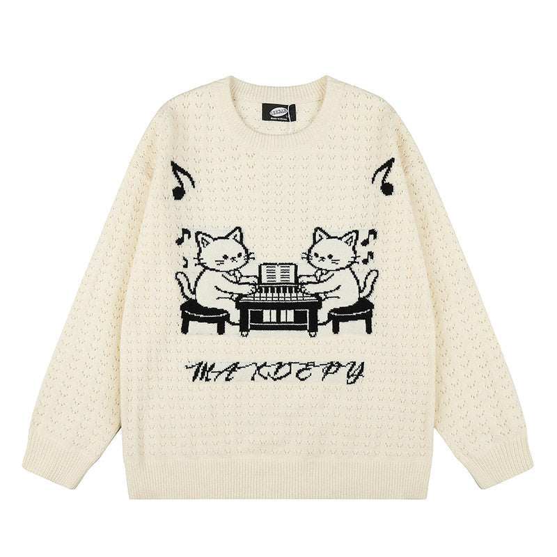 Damen Oversize Strickpullover mit Jacquard-Katzenmotiv und musikalischem Design Drune