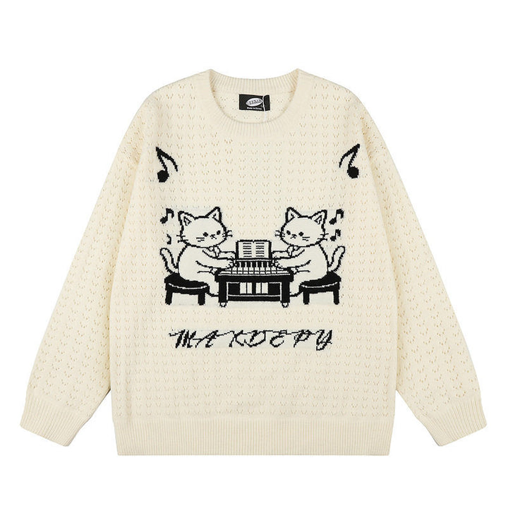 Damen Oversize Strickpullover mit Jacquard-Katzenmotiv und musikalischem Design Drune