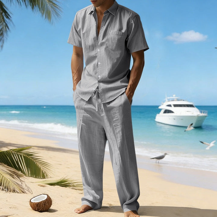Herren nan resort-taugliches Kurzarm-Hemd mit Brusttasche und lässiger Leinen-Kordelhose Drune