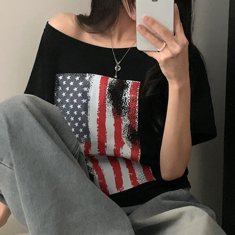 Damen lässiges T-Shirt mit amerikanischem Flaggen-Design und weichem Baumwollmaterial Drune