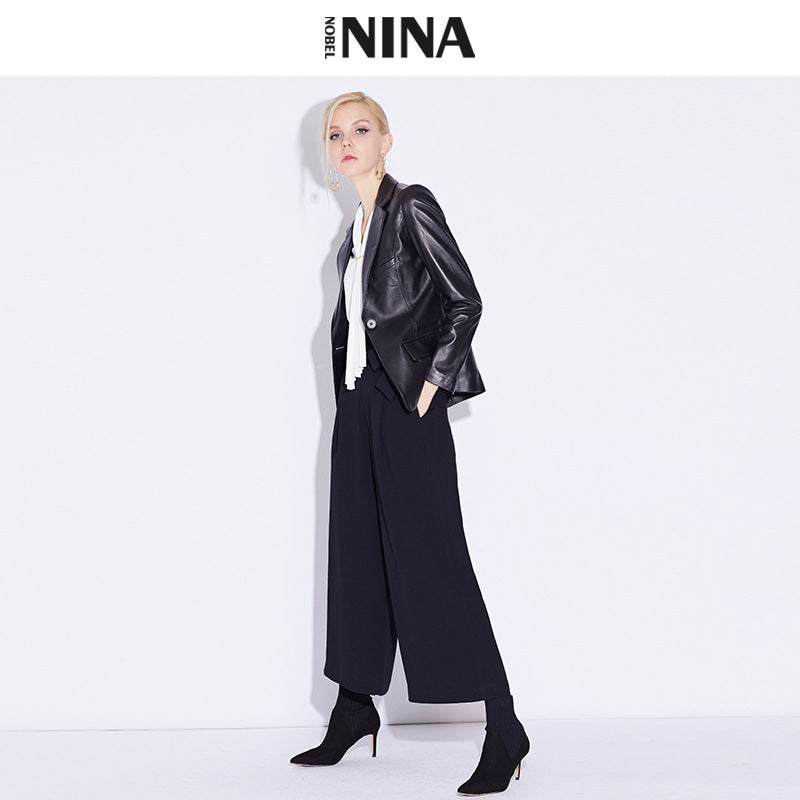 Damen Klassischer Lederblazer Drune