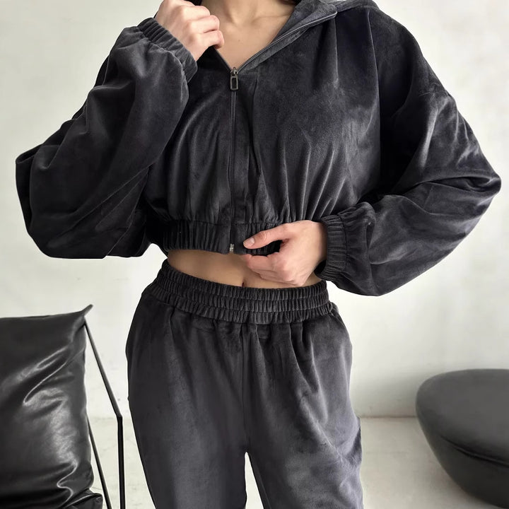 Damen luxuriöser Samt-Trainingsanzug mit geraffter Bomberjacke und High-Waist Jogginghose Drune