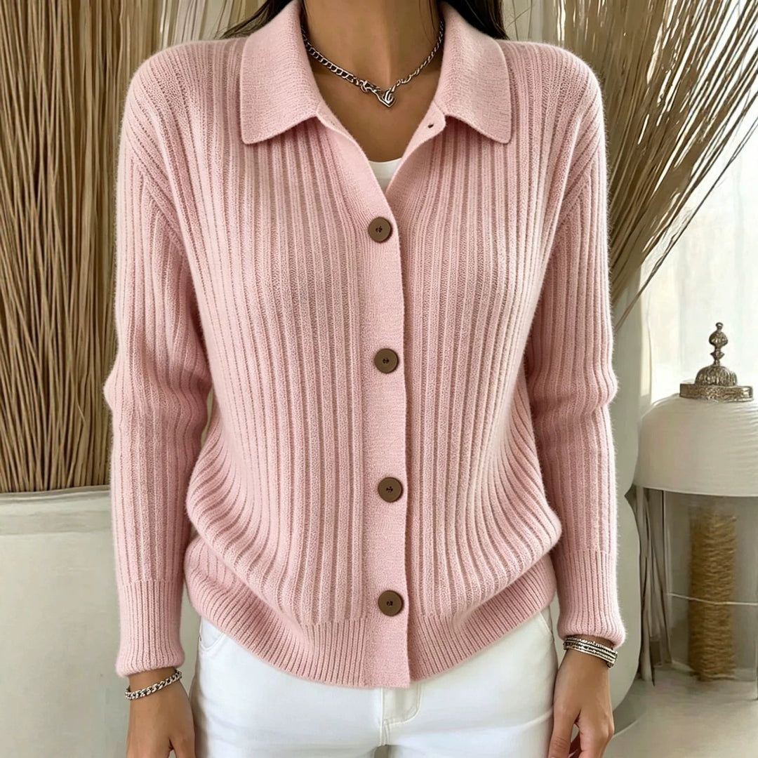 Damen Feiner gerippter Knopf‑Cardigan mit Hemdkragen und kastiger Silhouette Drune