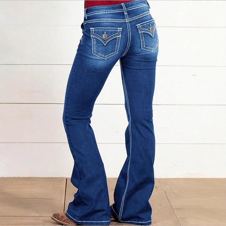 Damen Hochtaillierte Flared-Jeans mit dekorativen Metallknöpfen und Kontraststeppung Drune