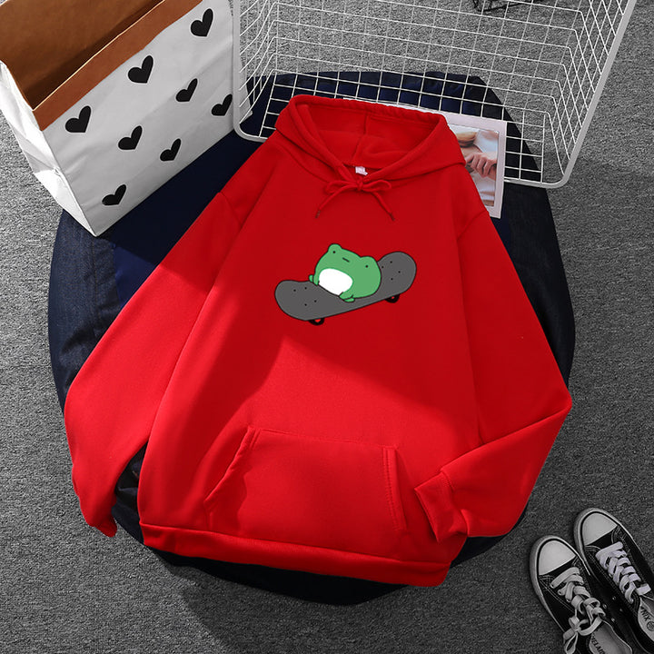 Unisex nan Kapuzenpullover mit Skater-Frosch-Print, weichem Fleece-Innenfutter und Kängurutasche Drune