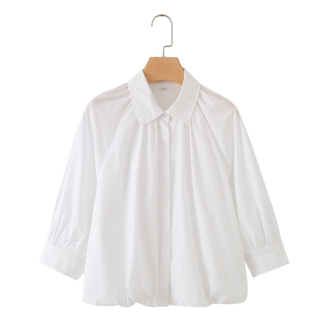 Damen Weites Blusenshirt mit Kellerfalten Ballonärmeln und Hemdkragen Drune