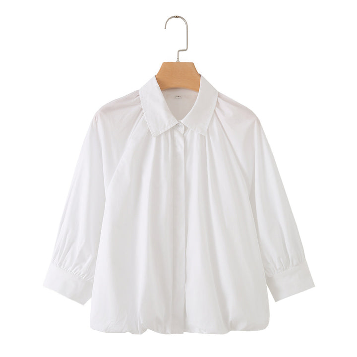 Damen Weites Blusenshirt mit Kellerfalten Ballonärmeln und Hemdkragen Drune