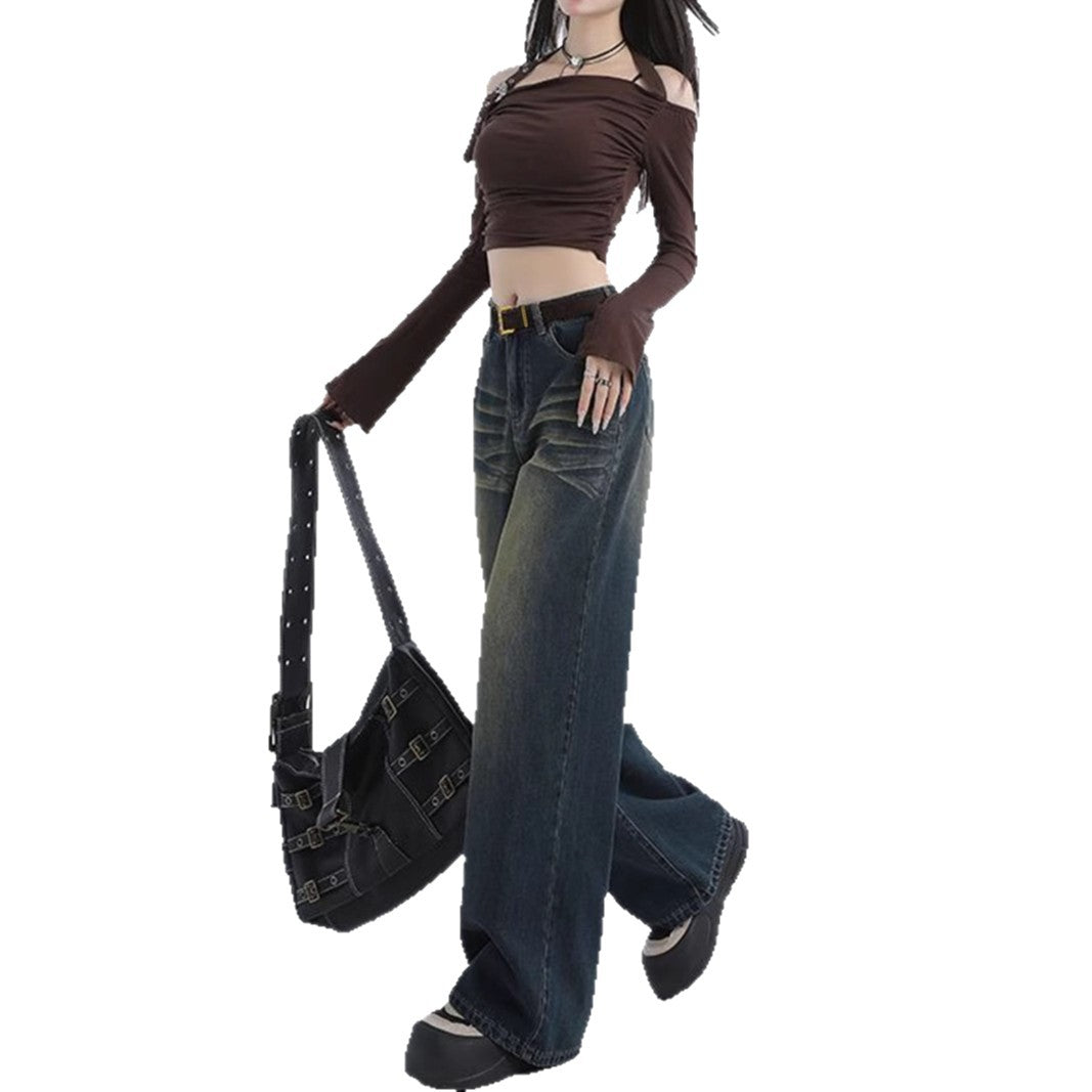 Damen weiter geschnittene Jeans mit hohem Bund und modischem Waschung Drune