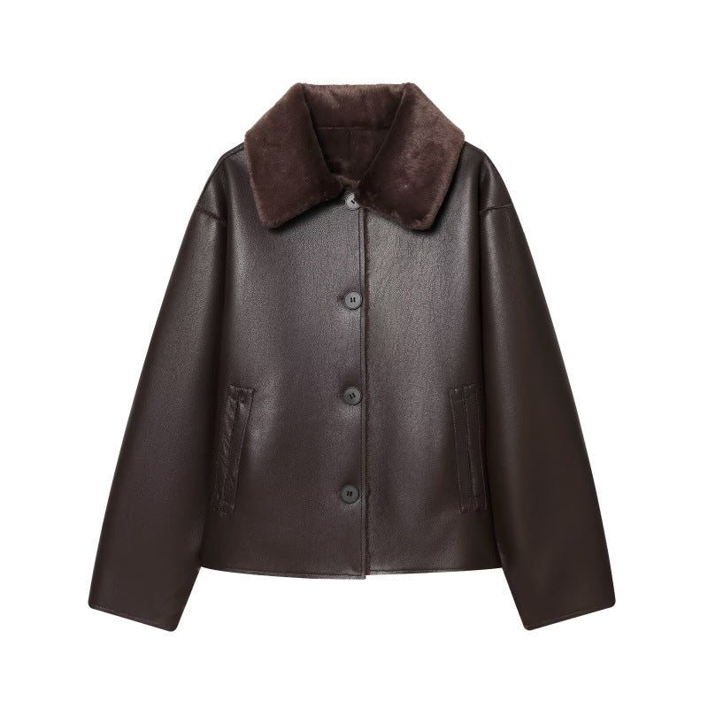 Damen Kurze Wende‑Lammfelljacke mit vollem Umlegekragen und warmer Teddyfütterung Drune