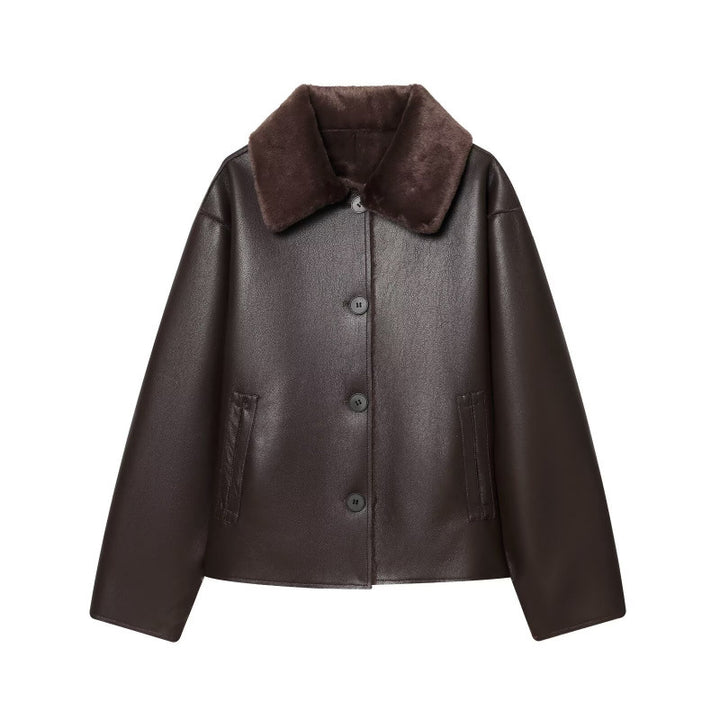 Damen Kurze Wende‑Lammfelljacke mit vollem Umlegekragen und warmer Teddyfütterung Drune