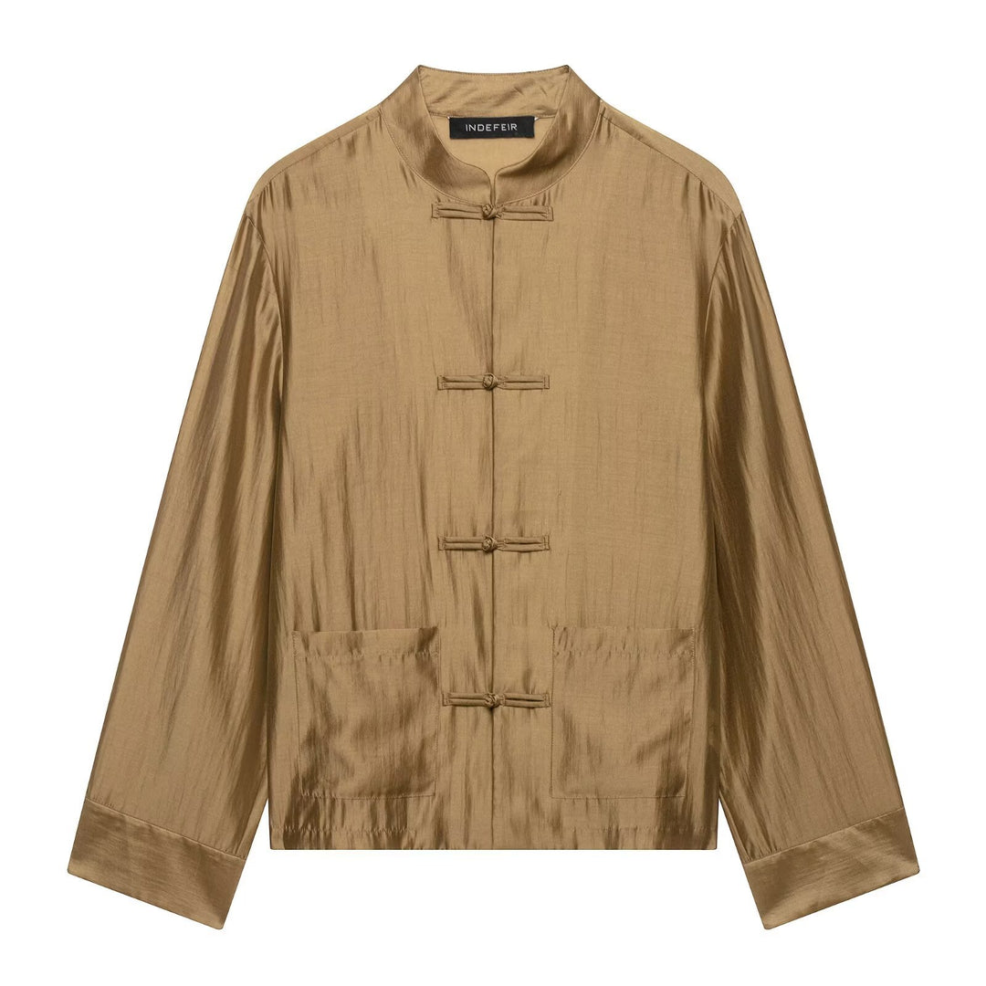 Damen Chinesisch-inspirierte Hemdjacke mit Stehkragen und Knotenknöpfen Drune