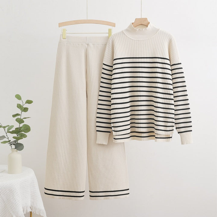 Damen gemütliches Strick-Loungewear-Set mit quer gestreiften Details Drune