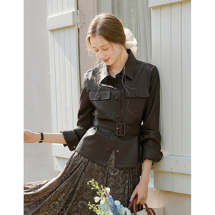 Damen Taillierter Utility-Lederblouson mit Bindegürtel und aufgesetzten Brusttaschen Drune