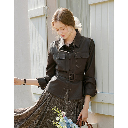 Damen Taillierter Utility-Lederblouson mit Bindegürtel und aufgesetzten Brusttaschen Drune