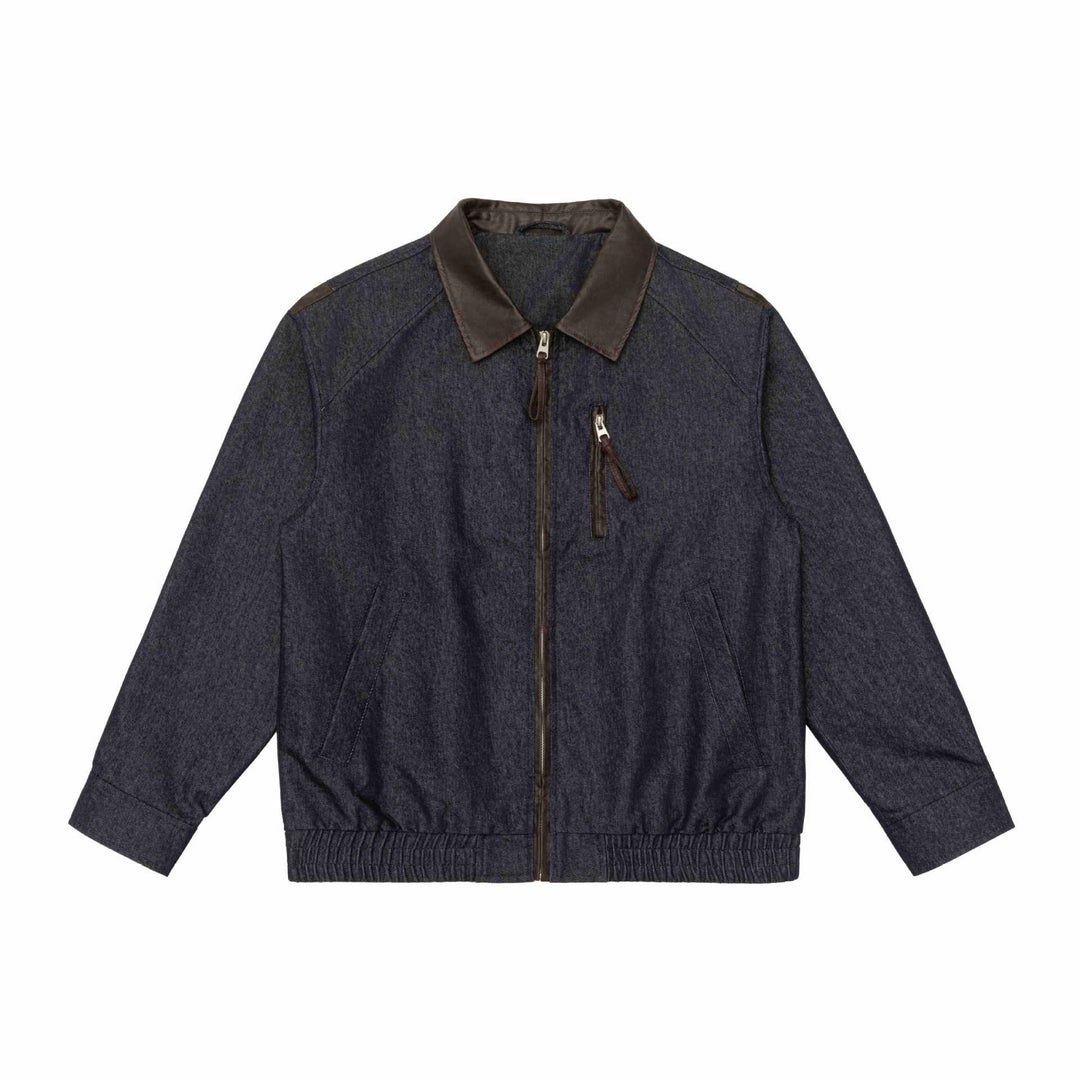 Herren Kurzblouson im Boxy-Cut aus Woll-Denimmix mit lederbesetztem Kragen und vertikaler Reißverschluss-Brusttasche Drune