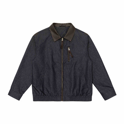 Herren Kurzblouson im Boxy-Cut aus Woll-Denimmix mit lederbesetztem Kragen und vertikaler Reißverschluss-Brusttasche Drune