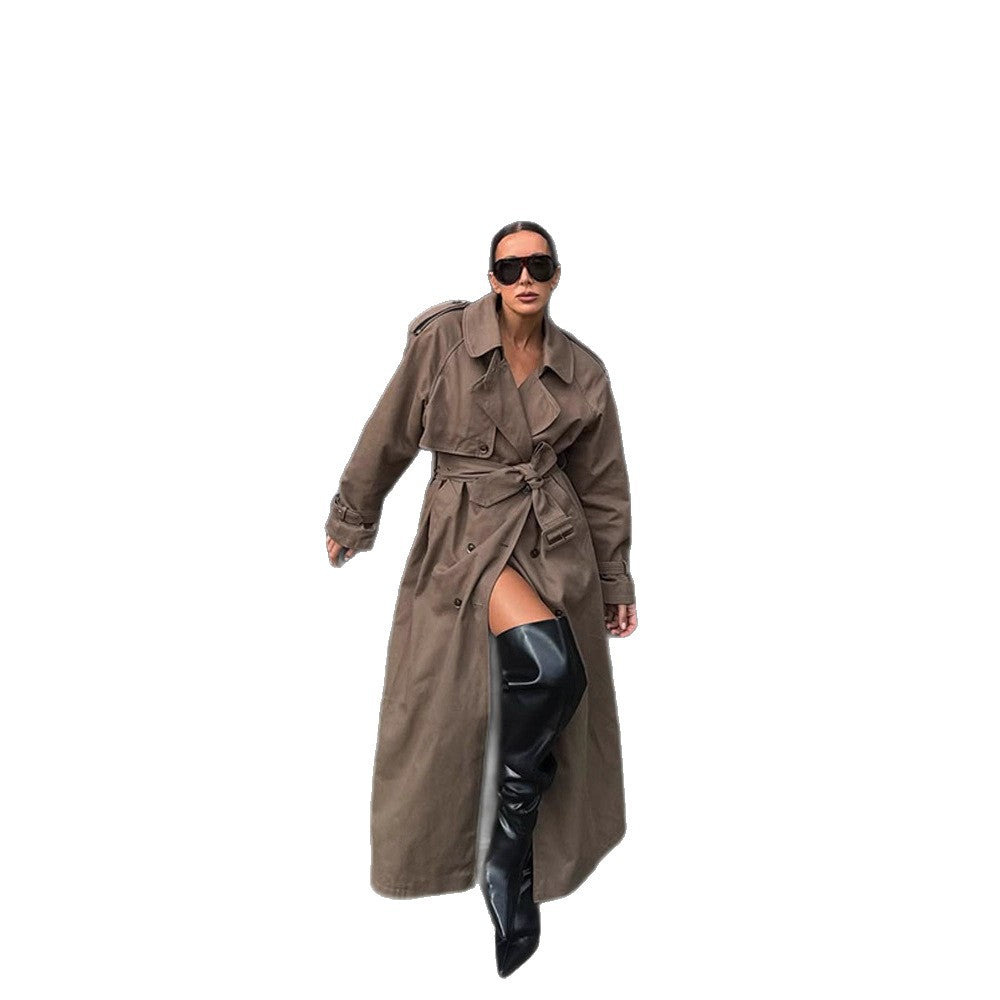 Damen eleganter Trenchcoat mit Taillengürtel und hochgeschlossenem Kragen Drune