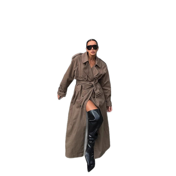 Damen eleganter Trenchcoat mit Taillengürtel und hochgeschlossenem Kragen Drune
