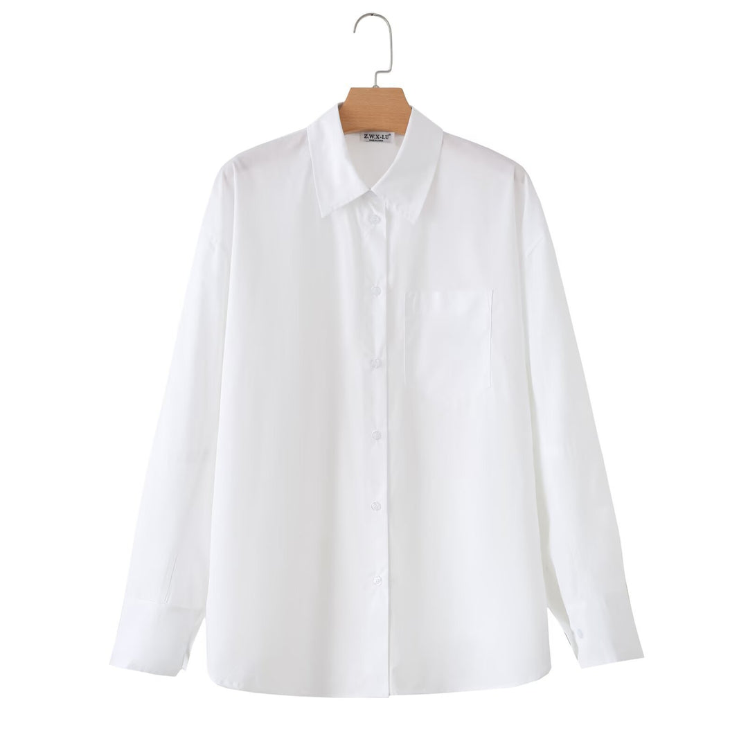 Damen Oversize-Basics-Bluse mit kastiger Silhouette, Hemdkragen und Brusttasche Drune