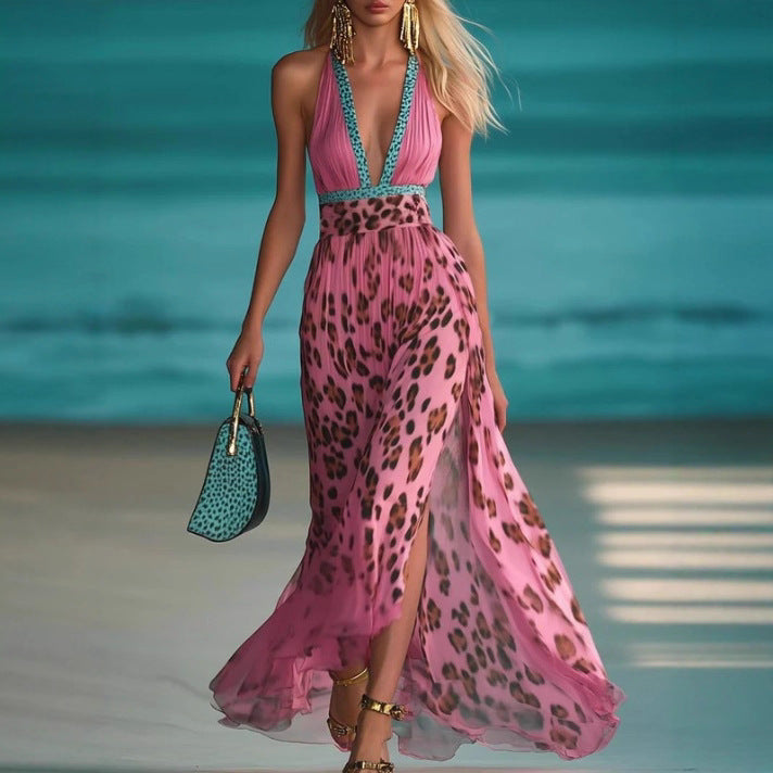 Damen nan Maxikleid mit tiefem V-Ausschnitt, geflochtenem Halter, Leopardenprint, plissiertem Chiffonrock und seitlichem Beinschlitz Drune