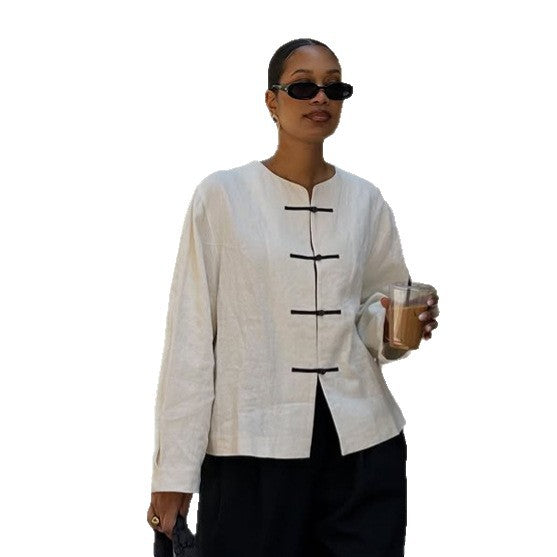 Damen Boxy Leinenbluse mit Knebelverschlüssen und asymmetrischem Saum Drune