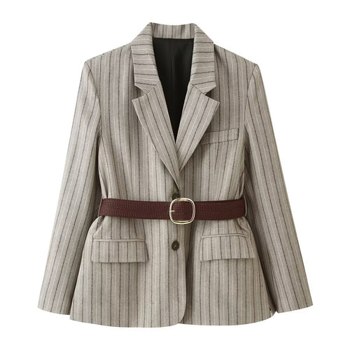 Damen Taillierter Leinenmix-Blazer mit Nadelstreifen, Pattentaschen und Taillengürtel-Detail Drune