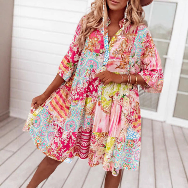Damen nan Luftiges Stufenkleid im Patchwork-Boho-Stil mit Stehkragen, geraffter Taillennaht und Dreiviertelärmeln Drune