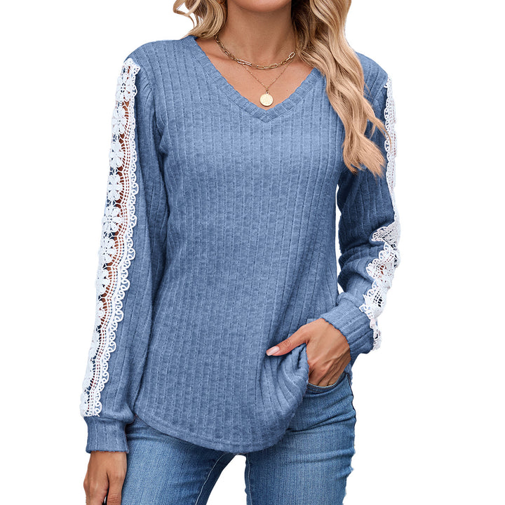 Damen Relaxed Fit V-Ausschnitt Pullover mit Spitzenakzenten Drune