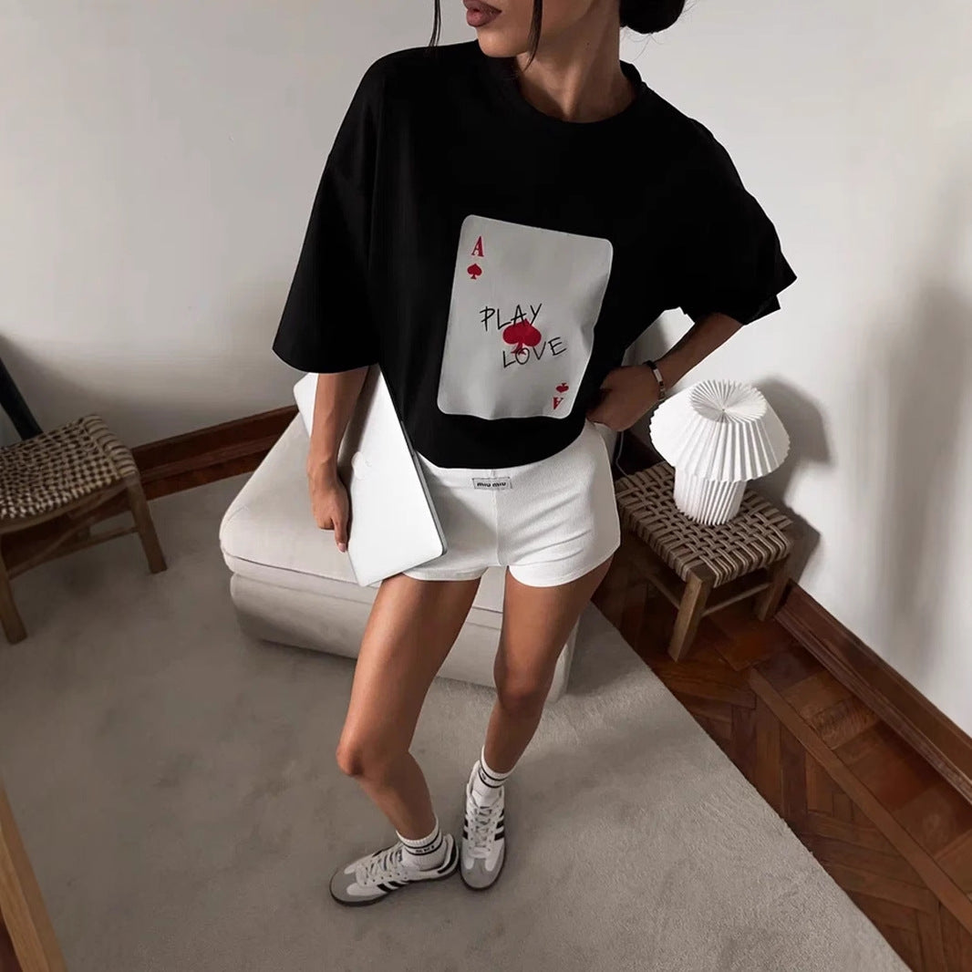Damen Lässiges T-Shirt mit kreativem Kartenmotiv Drune