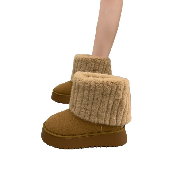 Damen Gefütterte Plateau-Ankle-Boots aus Veloursimitat mit umschlagbarem Kunstfellrand Drune