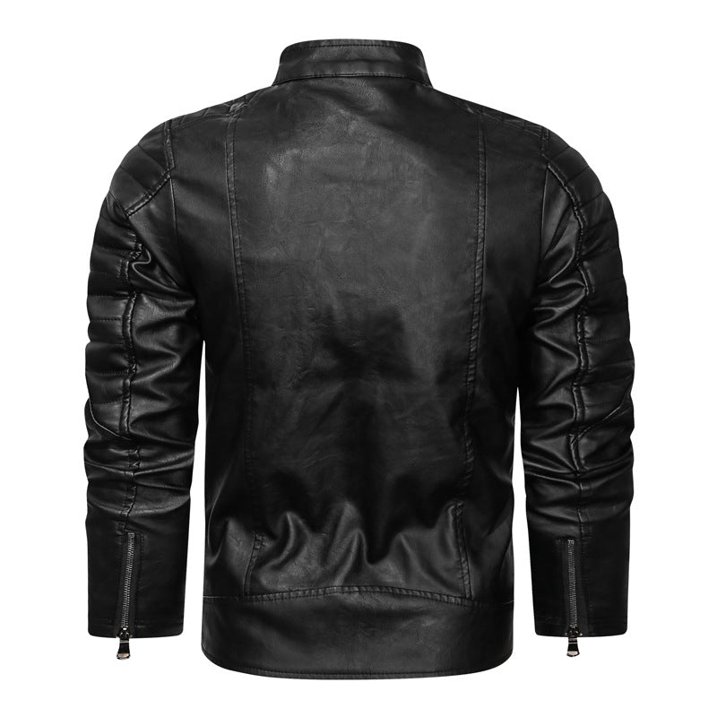Herren Motorrad-inspirierte Lederoptikjacke mit Stehkragen und Ziernähten Drune